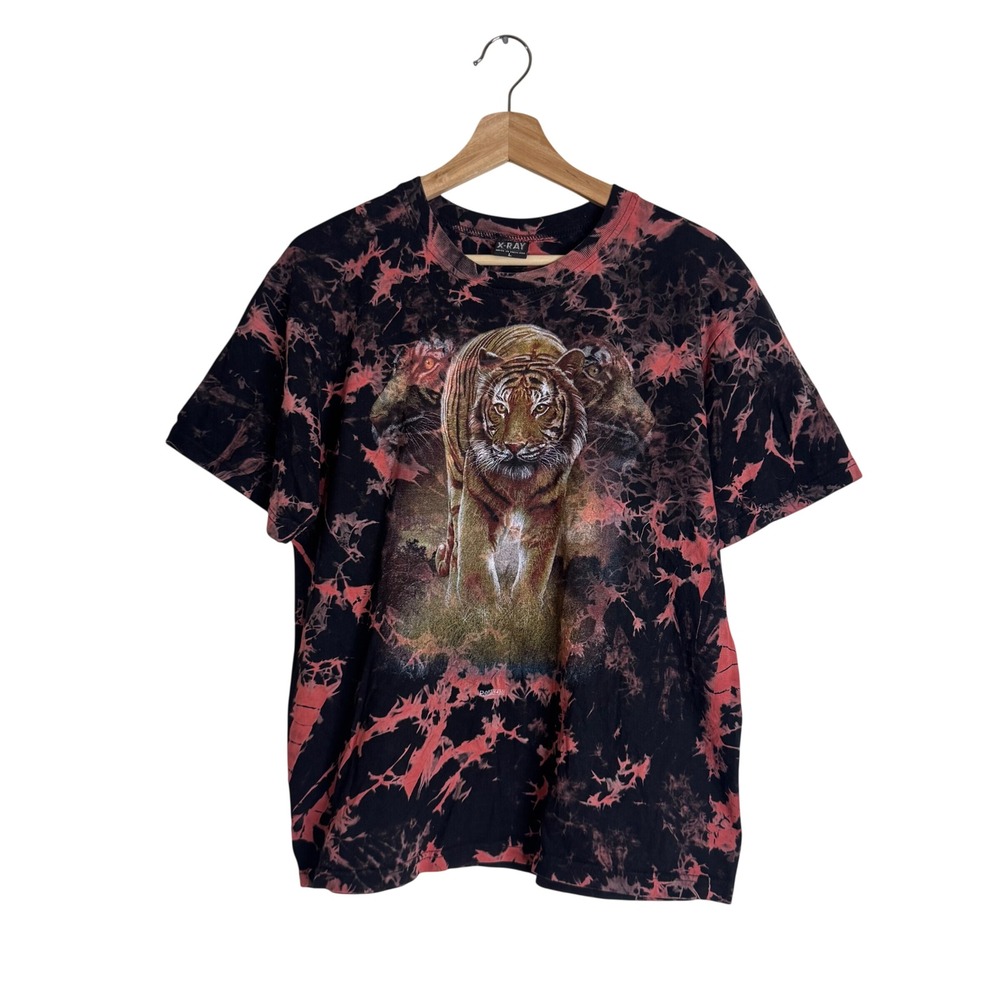 X-RAY T-Shirt Men's Tiger Graphic Tie Dye Acid Wash Black Pink Large